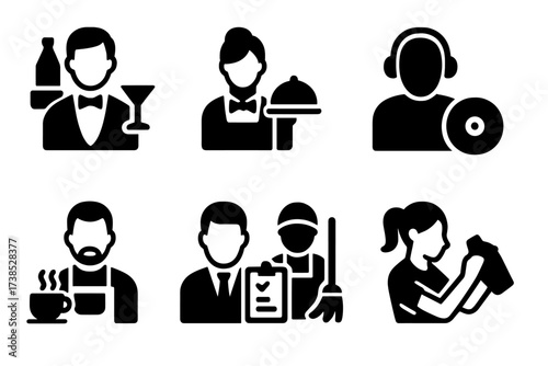 Bar Staff Icons. Solid, filled icon set of bar staff roles: bartender, server, bouncer, DJ, barista, manager, cleaner, cocktail mixer. Solid, filled icons in