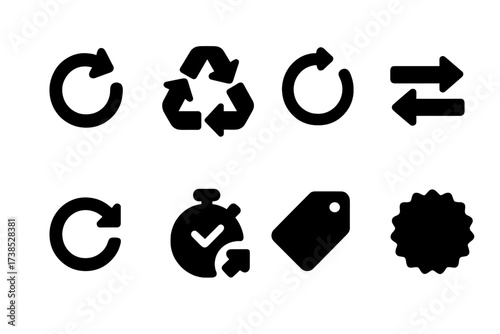 Icon Refresh Collection. Solid, filled icon set of replacement indicators: refresh arrow, recycling symbol, reset button, swap icon, reload circle, refresh