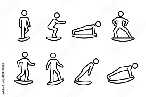 Balance Board Exercise Icons. Outline icon set of balance board exercises: single leg stand, squats, plank on board, side lunges, balancing twist, toe taps,
