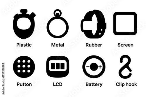 Stopwatch Icon Set. Solid, filled icon set of stopwatch materials: plastic body, metal case, rubber strap, glass screen, button pad, LCD display, battery