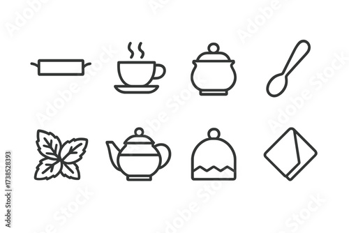 Icon Grid Collection. Outline icon set of mint tea serving: tea tray, teacup with steam, sugar pot, teaspoon, mint garnish, glass teapot, tea cozy, serving