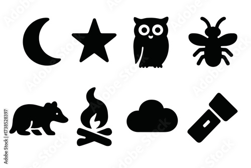 Nighttime Icon Set. Solid, filled icon set of wild nighttime elements: moon, star, owl, firefly, nocturnal animal, campfire smoke, night cloud, flashlight