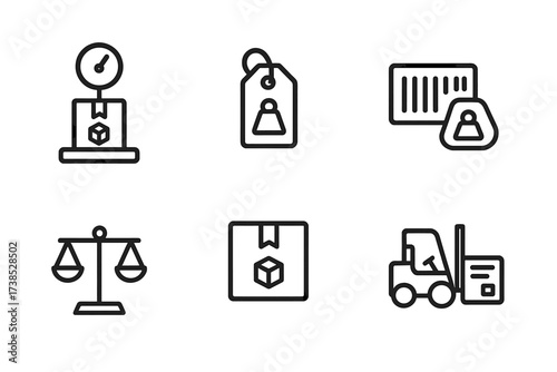 Package Weight Icons. Outline icon set of package weight: parcel scale, weight tag, barcode label, measuring tape, balance scale, cargo box, forklift, shipping