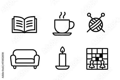 Cozy Rainy Day Icons. Outline icon set of rainy day indoor activities: book, steaming cup, fireplace, knitting needles, sofa, blanket, candle, board game. Line