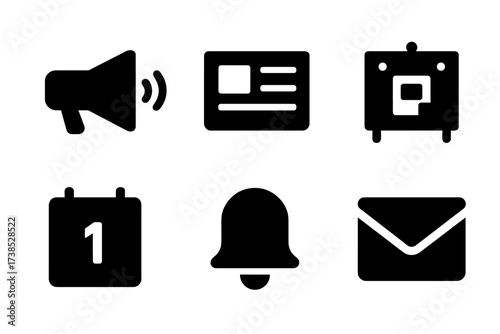 Announcement Icon Set. Solid, filled icon set of announcement: megaphone, speaker, newspaper, bulletin board, calendar date, message bubble, notification bell,