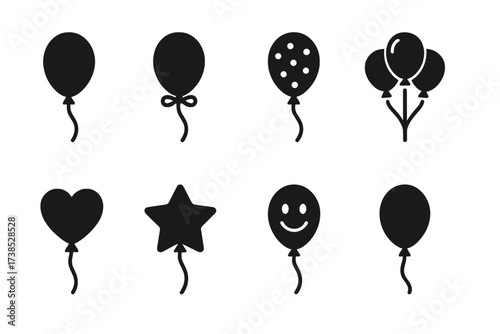 Party Balloon Icons. Solid, filled icon set of party balloons: helium balloon, tied string balloon, confetti balloon, balloon bunch, heart-shaped balloon, star