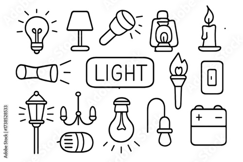 Artificial Light Icons. Hand-drawn doodle illustration artificial light light bulb, lamp, flashlight, lantern, candle, spotlight, neon sign, chandelier, torch,