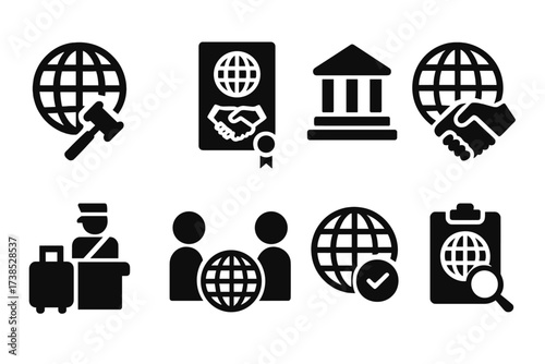 Global Regulation Icons. Solid, filled icon set of global regulation: international law, treaty, UN building, trade agreement, customs, diplomatic negotiation,
