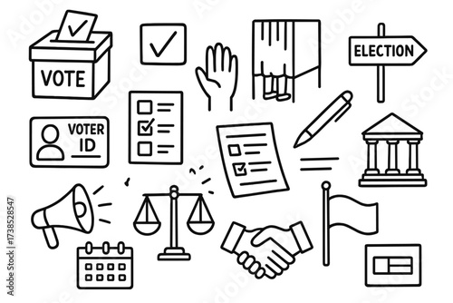 Civic Engagement Icons. Hand-drawn doodle illustration civic engagement and voting ballot box, checkmark, voting booth, voter ID card, raised hand, ballot