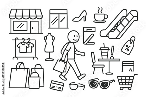 Shopping Mall Doodle. Hand-drawn doodle illustration A person walking through a modern shopping mall shopping bag, storefront, mannequin, clothing rack,