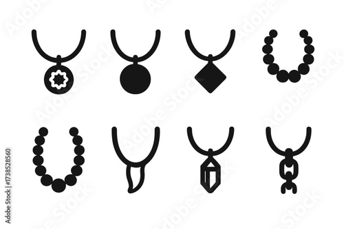 Necklace Material Icons. Solid, filled icon set of necklace materials: gold, silver, platinum, pearls, beads, leather, crystal, stainless steel. Solid, filled