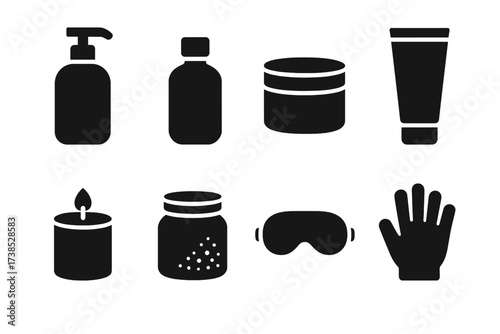 Soothing Touch Icons. Solid, filled icon set of soothing touch products: lotion bottle, body oil, balm jar, cream tube, scented candle, bath salts, eye mask,