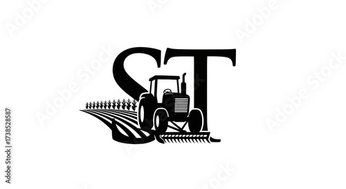 Bild auf Leinwand Elegant initial ST logo featuring a tractor and cultivated field emblem in black