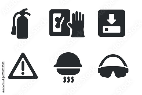 Solar Battery Safety Icons. Solid, filled icon set of solar battery safety features: fire extinguisher, circuit breaker, insulation gloves, emergency shutdown,