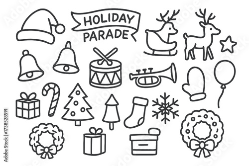 Holiday Parade Icons. Hand-drawn doodle illustration Holiday parade Santa hat, sleigh, reindeer, star, bell, candy cane, drum, trumpet, balloon, gift box,
