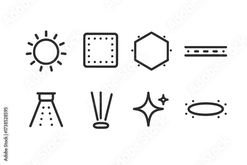 Light Shape Icons. Outline icon set of light shapes: circle glow, square panel, hexagon light, linear strip, spotlight cone, beam rays, star sparkle, halo.
