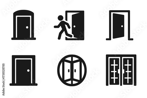 Entrance Icons Grid. Solid, filled icon set of entrance types: main entrance, emergency exit, service entrance, side door, back door, revolving entrance,