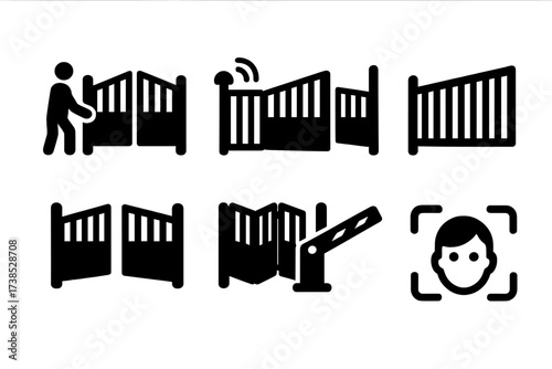 Gate Operations Icons. Solid, filled icon set of gate operations: manual open, automatic open, sliding, swinging, folding, barrier raise, keypad entry,