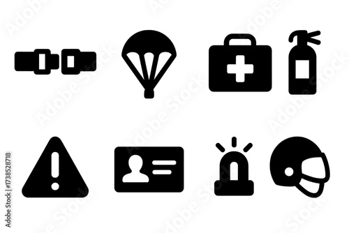 Glider Safety Icons. Solid, filled icon set of glider safety symbols: seatbelt, emergency parachute, first aid kit, fire extinguisher, warning sign, pilot