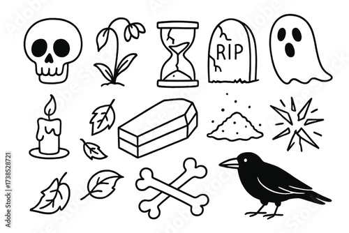 Memento Mori Doodles. Perish. Hand-drawn doodle illustration skull, wilted flower, broken hourglass, cracked gravestone, ghost, ashes, extinguished candle,
