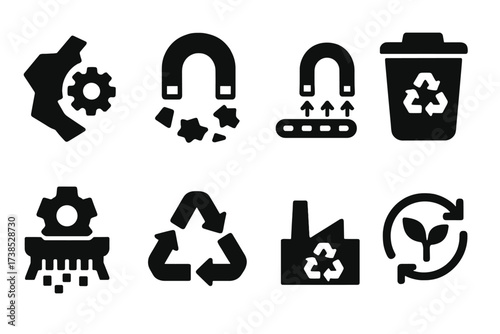 Magnet Recycling Icons. Solid, filled icon set of magnet recycling: scrap metal, magnet recovery, separation process, recycling bin, metal shredder, eco