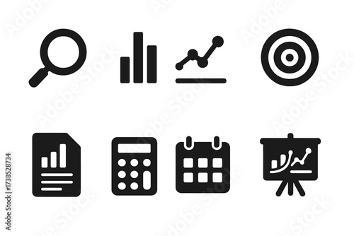 Market Analysis Icons. Solid, filled icon set of market analysis: magnifying glass, bar chart, trend line, target, report, calculator, calendar, presentation
