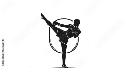 Silhouette of a kickboxer performing a high kick inside a circular emblem design