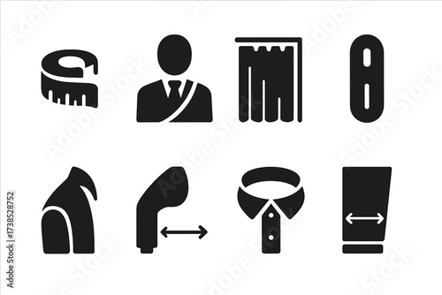 Tailoring Icon Set. Solid, filled icon set of suit fitting: measuring tape, tailor, fitting room, buttonhole, shoulder pad, sleeve length, collar size, pant