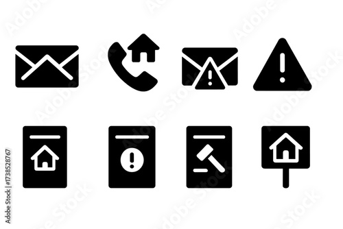Foreclosure Notice Icons. Solid, filled icon set of foreclosure notifications: letter, phone call, email, warning sign, overdue notice, eviction notice, legal