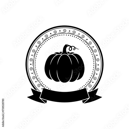 Vector art of one black pumpkin in a circular frame with a banner on a
