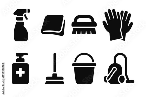 Cleaning Tools Icons. Solid, filled icon set of bar shelf cleaning: cleaning spray, cloth, brush, gloves, sanitizer bottle, mop, bucket, vacuum cleaner. Solid,