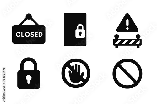 Temporary Closure Icons. Solid, filled icon set of temporary closure: closed signboard, locked door, barrier fence, caution sign, padlock, crossed line, stop