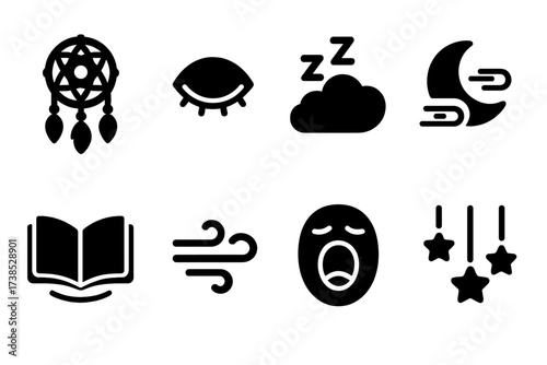 Dream Symbols Icons. Solid, filled icon set of dream wind: dreamcatcher, floating eye, sleep cloud, moon mist, flying book, soft wind, yawn mouth, lullaby