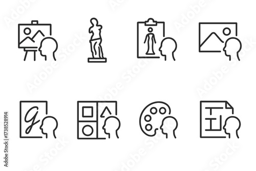 Artistic Glance Icons. Outline icon set of glance in art and design: glance at painting, glance at sculpture, glance at fashion sketch, glance at photo, glance