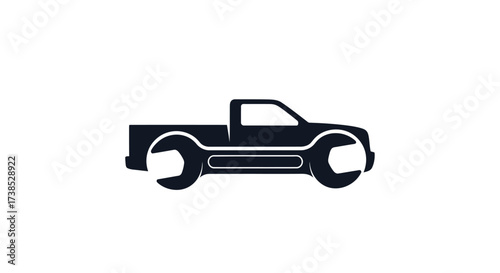 Truck repair logo design featuring a pickup truck silhouette with wrench wheels concept