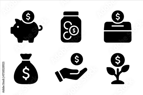 Penny Saving Icons. Solid, filled icon set of penny saving: piggy bank, penny coin, coin jar, coin box, money bag, coin stack, saving hand, money tree. [Line