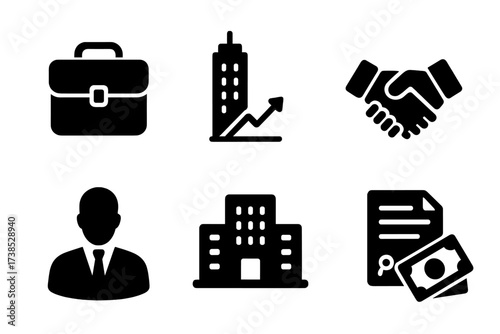 Business Icon Set. Solid, filled icon set of business magnates: briefcase, skyscraper, stock chart, handshake, business suit, office building, contract,