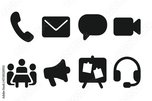 Office Communication Icons. Solid, filled icon set of office communication: telephone, email, chat bubble, video call, conference room, megaphone, bulletin