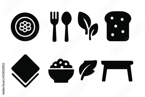Baked Beans Icon Set. Solid, filled icon set of serving baked beans: plate with beans, fork, spoon, garnish leaves, bread slice, napkin, bowl, dining table.