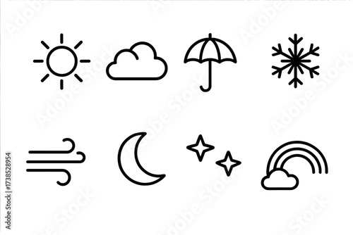 Romantic Trip Icon Set. Outline icon set of romantic trip weather: sun, clouds, rain umbrella, snowflake, wind, moon, stars, rainbow. Line icons in only black