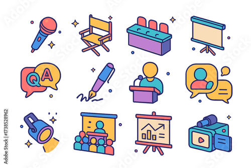 Colorful Isometric Icon Set. Panels and talks. Colorful isometric vector icons set of panels and talks: stage microphone, director?s chair, panel table,