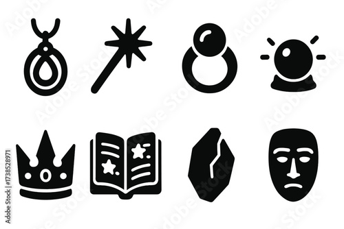Magical Artifacts Icons. Solid, filled icon set of magical artifacts of power: enchanted amulet, glowing staff, ancient ring, orb of power, cursed crown,
