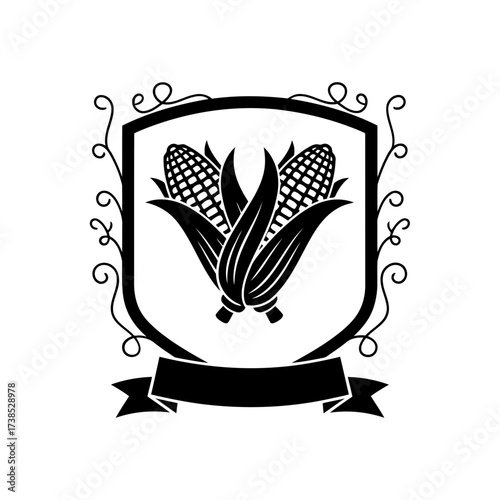 Vector art of black and white illustration of corn cobs in a shield emblem with decorative floral elements and a banner