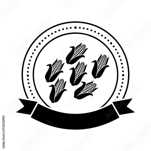 Vector art of black and white illustration of corn cobs in a circle with a banner
