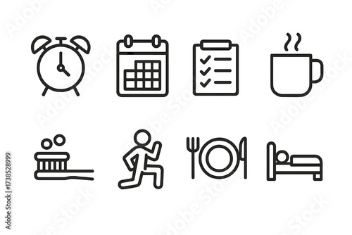 Daily Routine Icons. Outline icon set of daily routines: alarm clock, calendar, checklist, morning coffee, brushing teeth, workout, meal plate, bedtime. Line