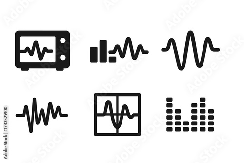 Waveform Icon Grid. Solid, filled icon set of waveform visualization: oscilloscope, spectrum analyzer, waveform graph, audio level meter, peak meter,