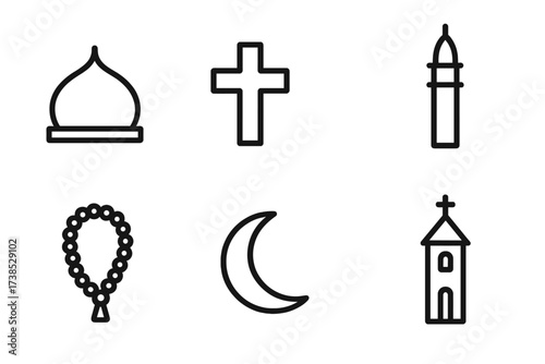 Jordanian Religious Symbols. Outline icon set of Jordanian religious symbols: Mosque dome, Christian cross, Star of David, Minaret, Prayer beads, Holy book,
