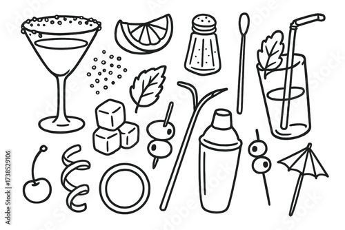 Cocktail Icon Doodles. Hand-drawn doodle illustration cocktail glass rim cocktail glass, sugar crystals, lime wedge, salt shaker, cocktail stirrer, ice cubes,