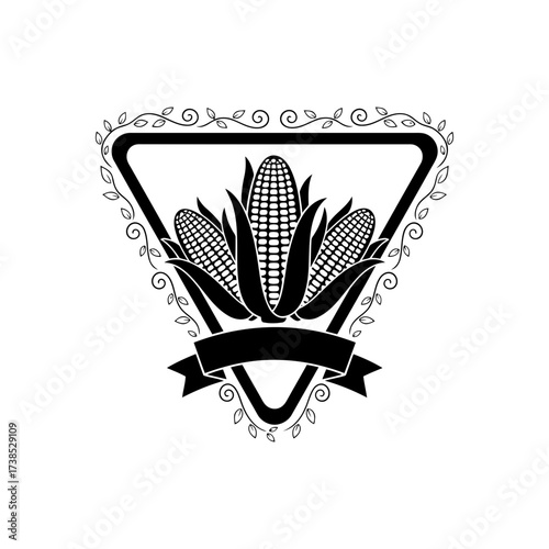 Vector art of black and white illustration of corn cobs in a triangular frame with decorative elements and a banner