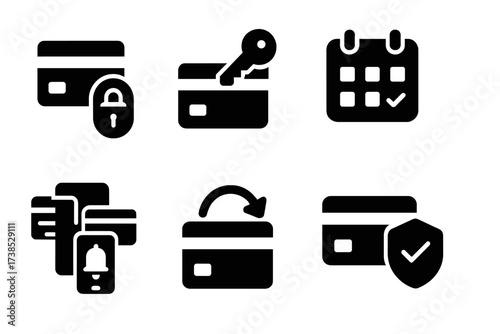 Credit Icon Set. Solid, filled icon set of building credit: card activation, first credit, payment history, credit builder loan, account opening, monthly